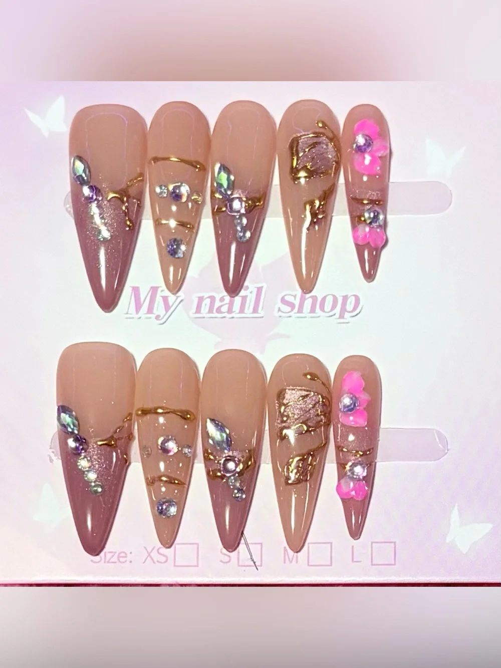 Nude Pink Stiletto Press-On Nails with Rhinestones and 3D Flowers